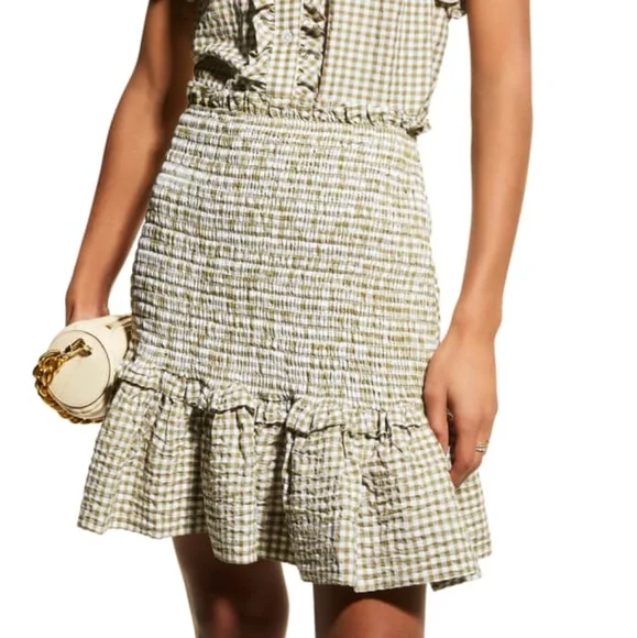 Veronica Beard Aloya Smocked Seersucker Ruffle Skirt Olive White Sz XL NWT